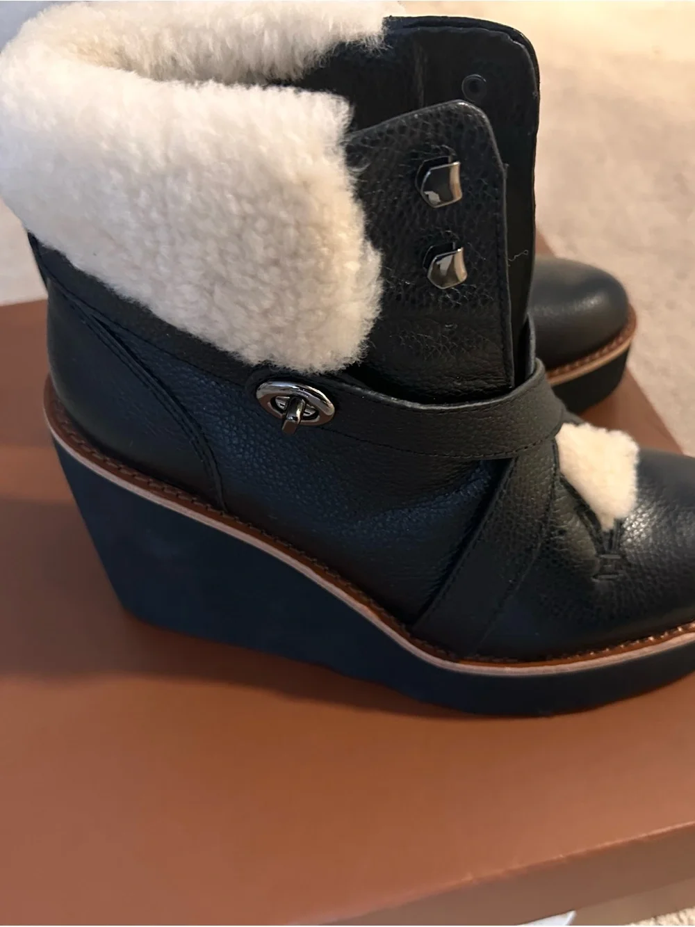 Coach Black Wedge Ankle Boots with Cream Shearling Trim